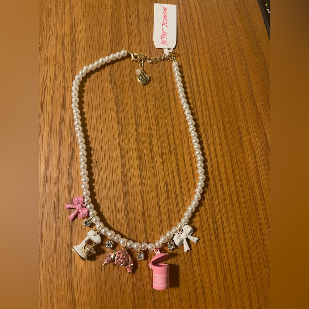 Betsy Johnson Gold Tone Faux Pearl Bake Shop Charm Necklace & Croissant earrings - Picture 2 of 7